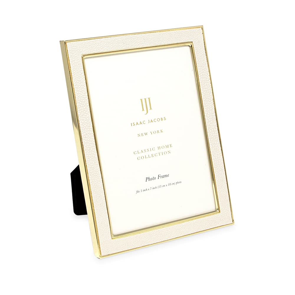 Isaac Jacobs 5x7 White Leather with Gold Metal (Vertical & Horizontal) Picture Frame, Shagreen Border w/Black Fabric Easel, Wall