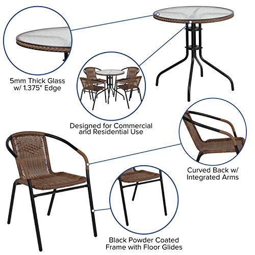 Flash Furniture Lila 28'' Round Glass Metal Table With Dark Brown Rattan Edging And 4 Dark Brown Rattan Stack Chairs