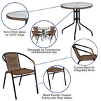 Flash Furniture Lila 28'' Round Glass Metal Table With Dark Brown Rattan Edging And 4 Dark Brown Rattan Stack Chairs