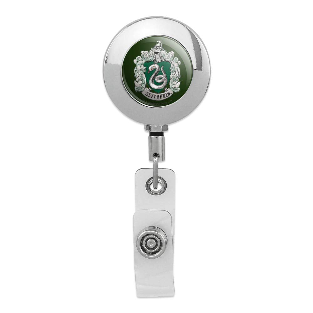 Harry Potter Slytherin Painted Crest Retractable Reel Premium Metal Chrome Badge Id Card Holder Clip