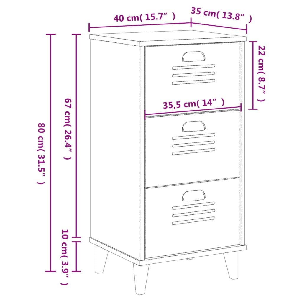 vidaXL Bedside Cabinet Accent End Table - White Engineered Wood / 3 Drawers/Industrial Style / 15.7&quot; x 13.8&quot; x 31.5&quot;