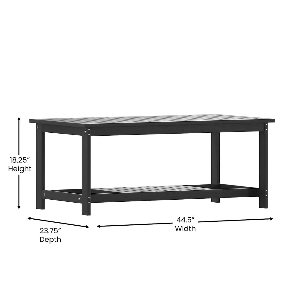 Flash Furniture Charlestown Two Tiered Commercial Grade Adirondack Coffee Table - Black Finish Poly Resin Wood - All-Weather - Slatted Shelf Design