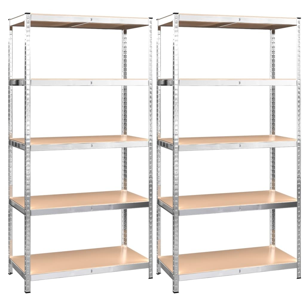 vidaXL 5-Layer Heavy-Duty Storage Shelves, 2-Pack - Silver Galvanized Steel & Engineered Wood - Boltless Design - High Load Capacity - Flexible and Adjustable Shelving Unit