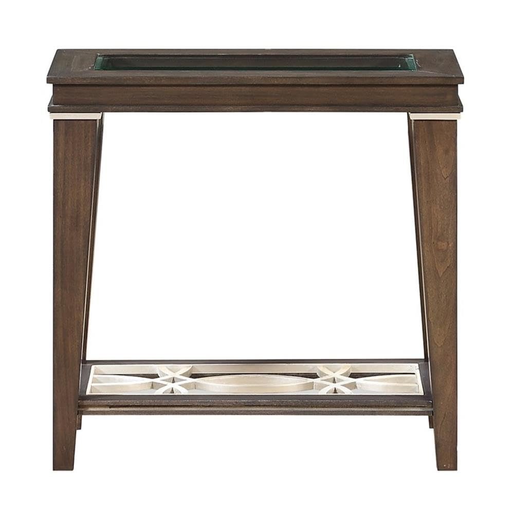 Acme Peregrine Glass Top Wooden Side Table with Bottom Shelf in Dark Brown