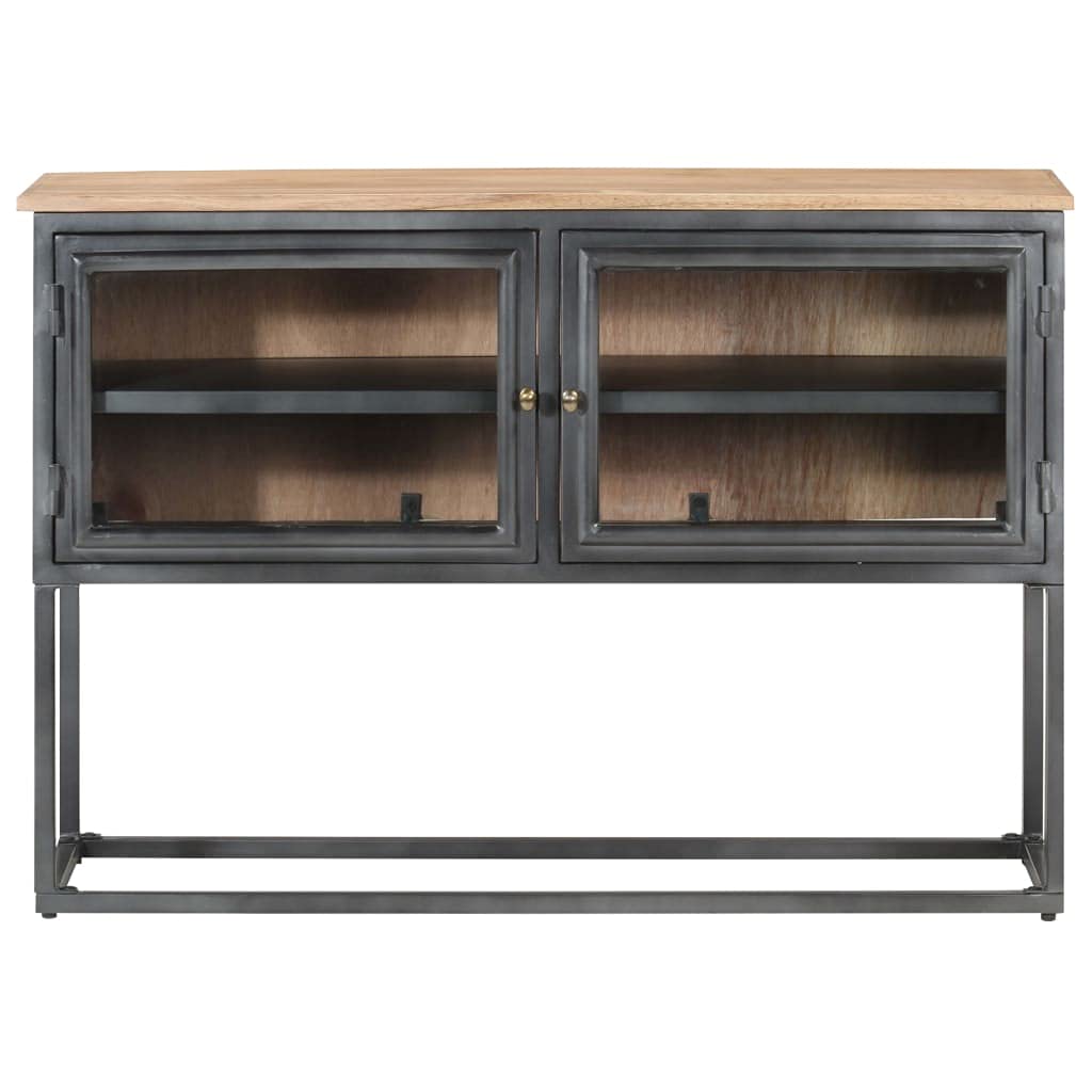 vidaXL Solid Acacia Wood Sideboard - Gray Industrial Style Vitrine Cabinet with Glass Doors and Steel Legs, 39.4&quot;x11.8&quot;x27.6&quot;