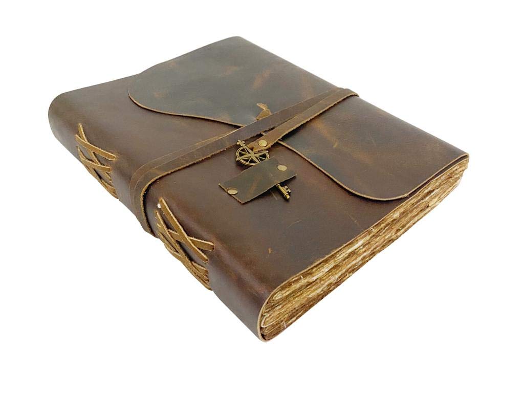 Wanderings Large Vintage Leather Journal - 9X12 - Antique Handmade Leather Bound Journal With Old Fashioned Deckle Edge Paper -