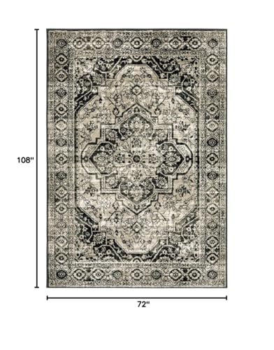 HomeRoots 508976 6 x 9 ft. Black Gray Tan & Ivory Oriental Power Loom Stain Resistant Rectangle Area Rug