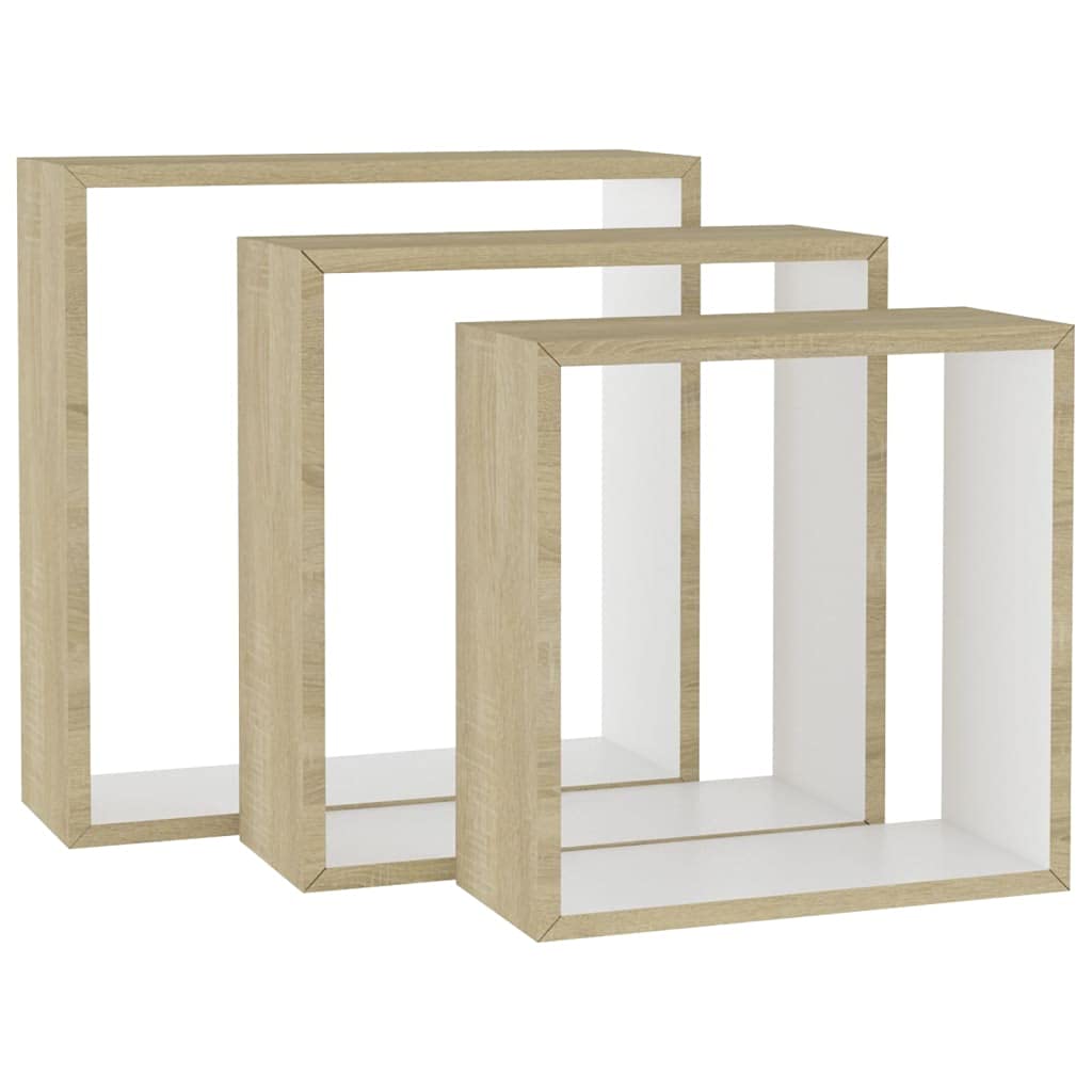 vidaXL 3 pcs Wall Cube Shelves in White and Sonoma Oak - Stylish Floating Shelves with Invisible Mounting, MDF Construction for Sturdy, Decorative Display