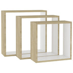 vidaXL 3 pcs Wall Cube Shelves in White and Sonoma Oak - Stylish Floating Shelves with Invisible Mounting, MDF Construction for Sturdy, Decorative Display