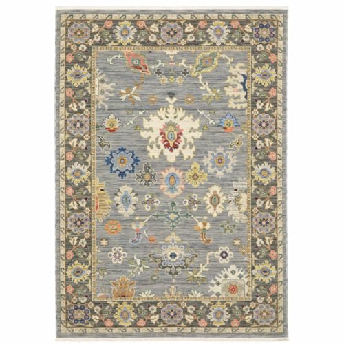 HomeRoots 509349 6 x 9 ft. Blue Gray Gold Green Pink Orange Ivory & Red Oriental Power Loom Stain Resistant Rectangle Area Rug with Fringe