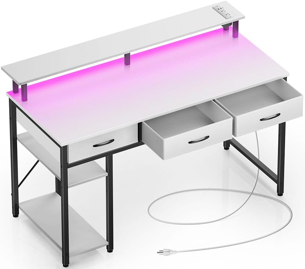 Rolanstar Computer Desk With Power Outlets & Led Light, 55 Inch Home Office Desk With Drawers And Storage Shelves, Writing Desk With Monitor Stand, Modern Work Study Desk For Home Office, White