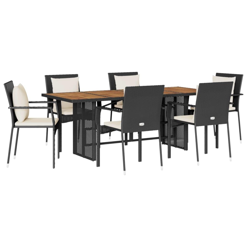 vidaXL 7 Piece Patio Dining Set - Black Poly Rattan, Acacia Wood Tabletop, Cushions Included, Weather-Resistant, Outdoor Furniture for Garden, Patio, Backyard