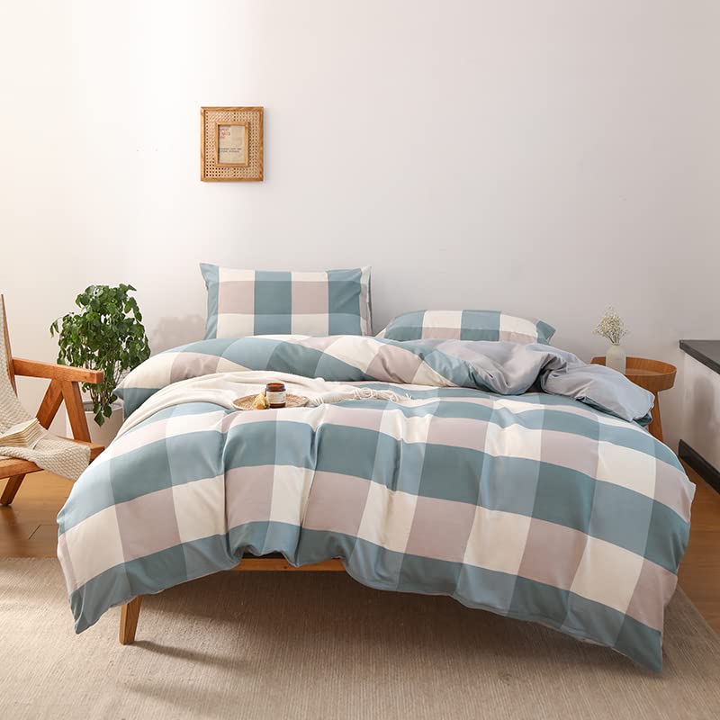 Nsnlgsgc Buffalo Plaid Duvet Cover Set Grayish Blue Twin,Check Simple Geometric Square Pattern Bedding Set,Modern Soft Washed Mi