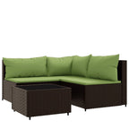 vidaXL 4 Piece Patio Lounge Set with Cushions - Weather-Resistant Poly Rattan Garden Sofa Set with Glass Tabletop - Brown and Green - Outdoor Furniture
