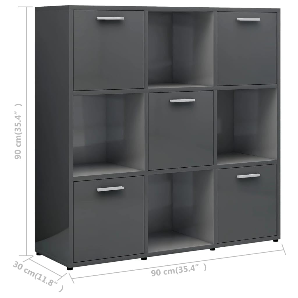 vidaXL - Modern High Gloss Gray Book Cabinet, Engineered Wood, 35.4&quot;x11.8&quot;x35.4&quot; with 9 Compartments, 5 with Doors, Chic Design, Sturdy and Durable