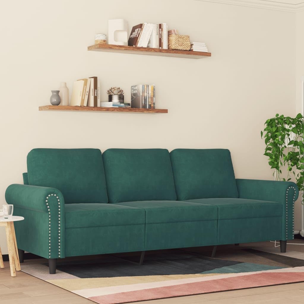 vidaXL 3-Seater Velvet Sofa with Thickly Padded Seats - Dark Green Sofa for Living Room, Lounge, Office with Sturdy Metal Frame