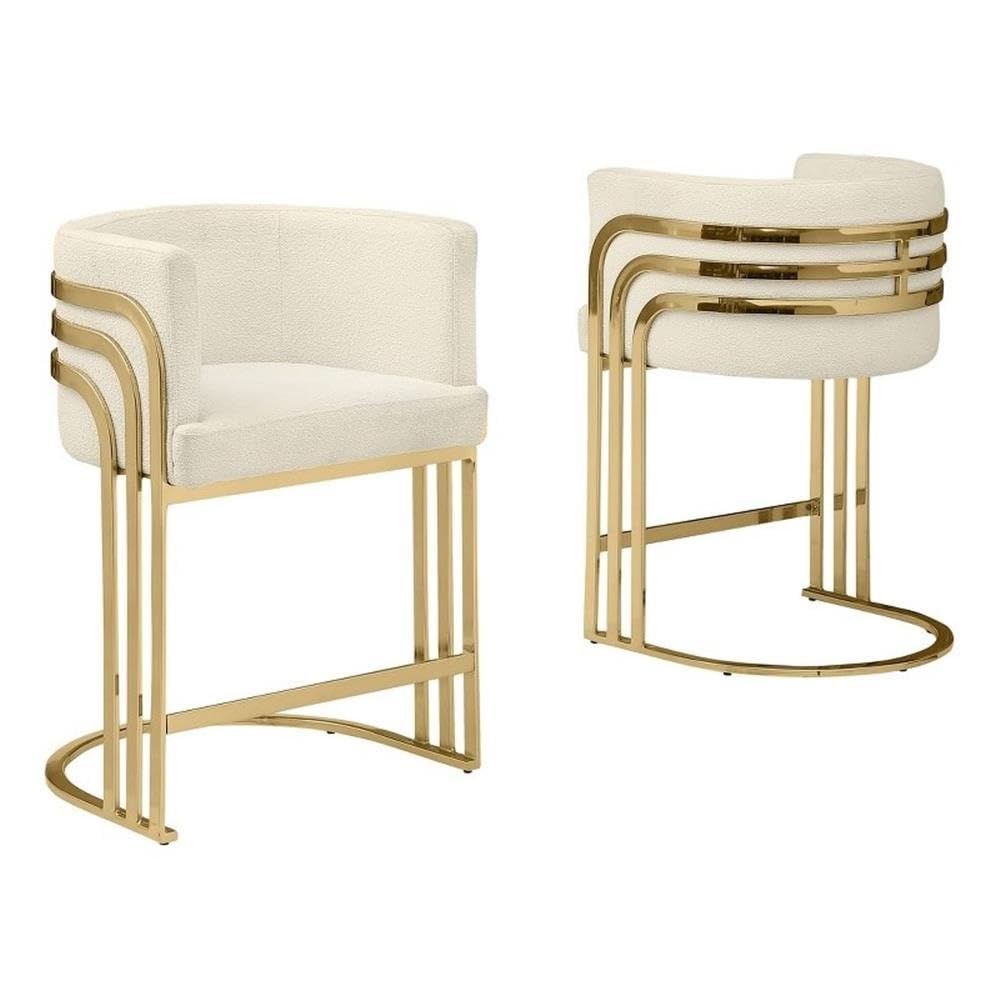 Best Quality Furniture Modern Teddy Fabric Bar Stools with Chrome Legs - Cream - Elegant Barrel Design with Gold Frame - Set of 2 - Perfect for Dining Room, Bar, Office, or Living Room