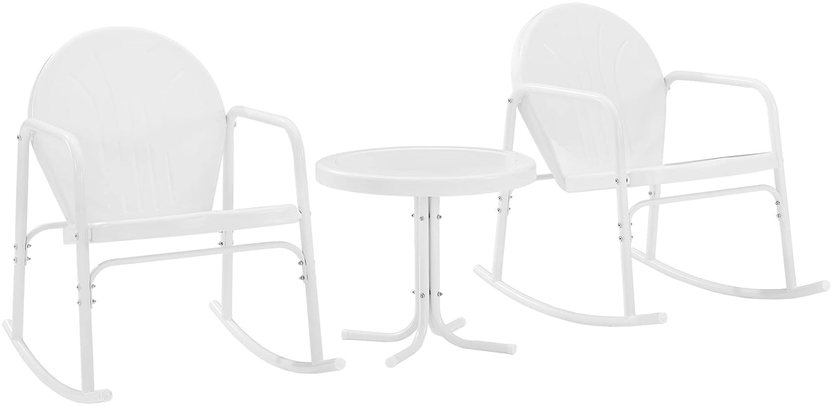 Crosley Furniture Griffith 3-Piece Outdoor Rocking Chair and Side Table Set, Retro Metal Bistro Patio Sets, White Gloss and White Satin