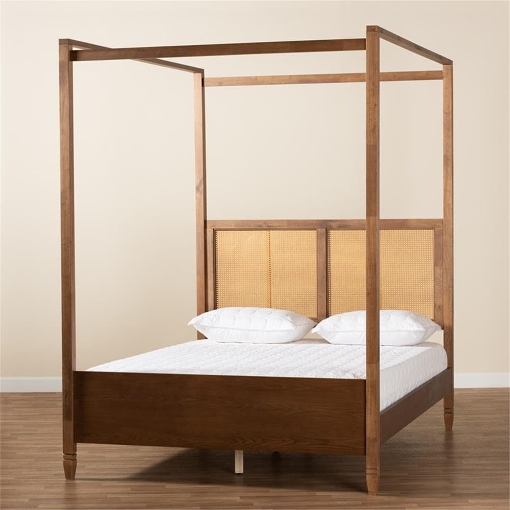 Baxton Studio Malia Modern and Contemporary Walnut Brown Finished Wood and Synthetic Rattan Queen Size Canopy Bed