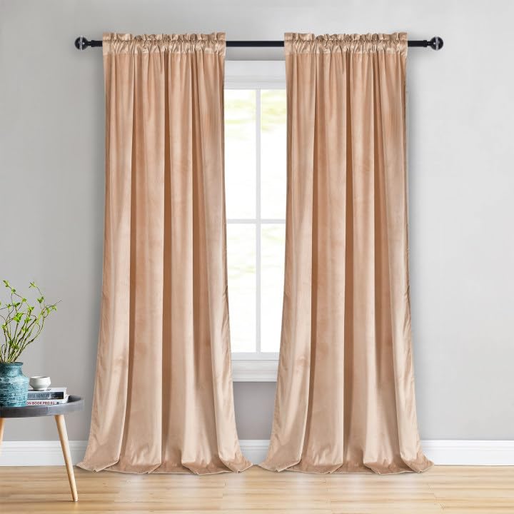 Jiuzhen Blush Beige Velvet Curtains 96 Inches For Living Room - Thermal Insualted Room Darkening Rod Pocket Thick Velvet Window