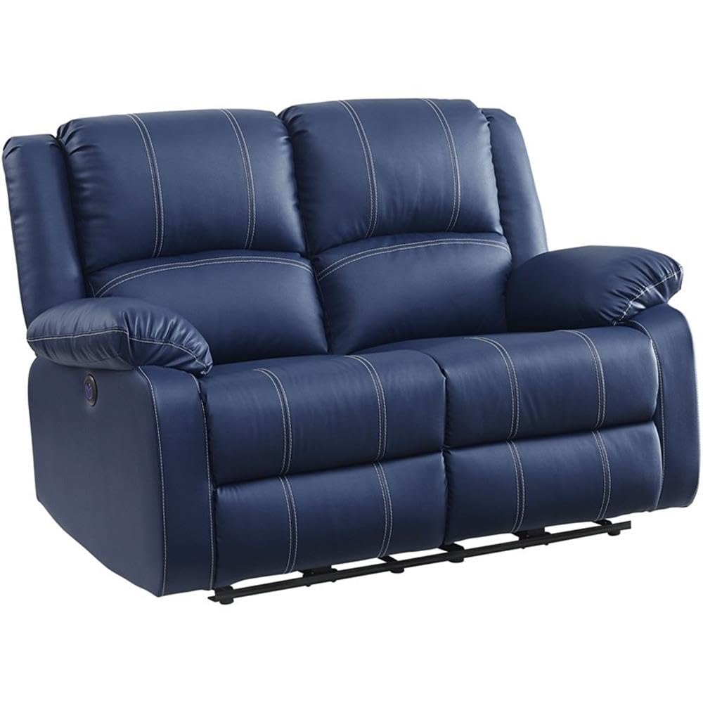 Acme Zuriel Power Motion Loveseat with USB Ports in Blue Faux Leather