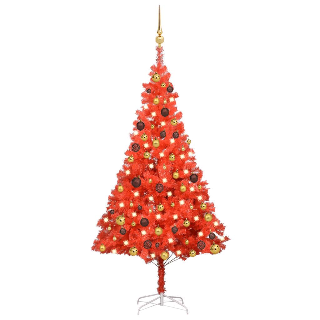 Vidaxl 59.1&quot; Artificial Christmas Tree With Leds & Ball Set - Pvc Lifelike Red Tree With Gold & Bronze Decorations - Energy-Efficient & Reusable