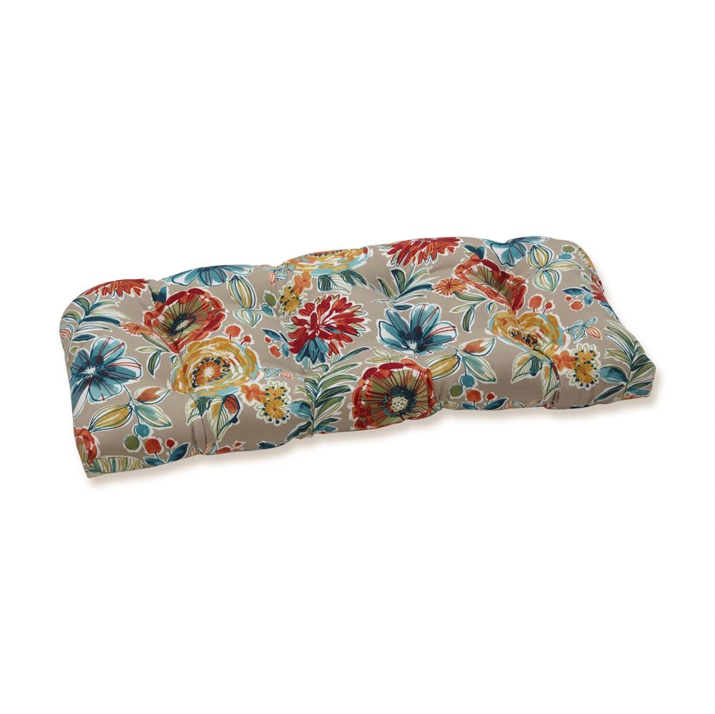 Pillow Perfect Floral Indoor/Outdoor Wicker Sofa Setee Swing Cushion Tufted, Weather, And Fade Resistant, 19' X 44', Tan/Blue