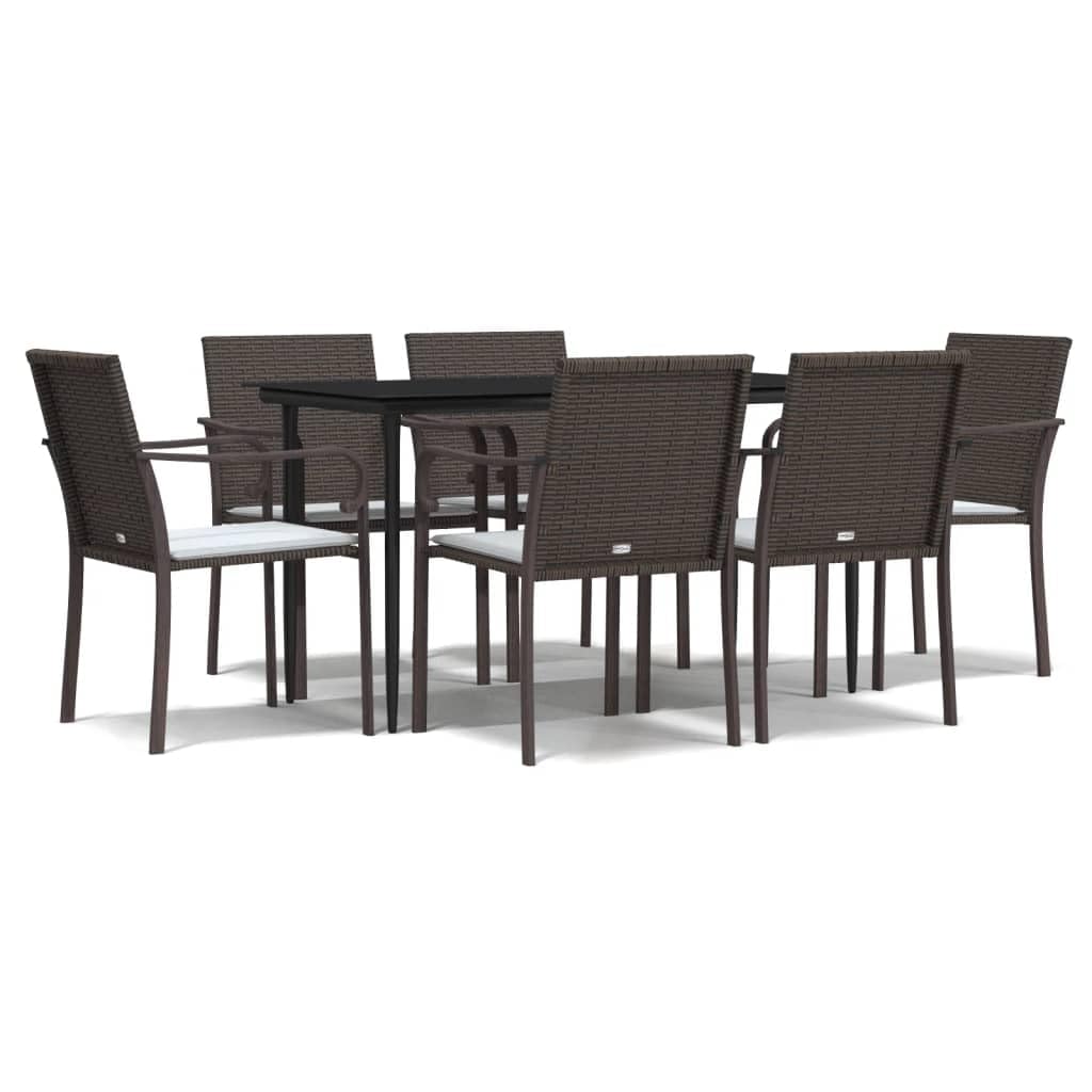 vidaXL 5-Piece Outdoor Patio Dining Set in Brown - Weather-Resistant Poly Rattan Chairs with Cushions, Tempered Glass-Top Table and Steel Frames in Black