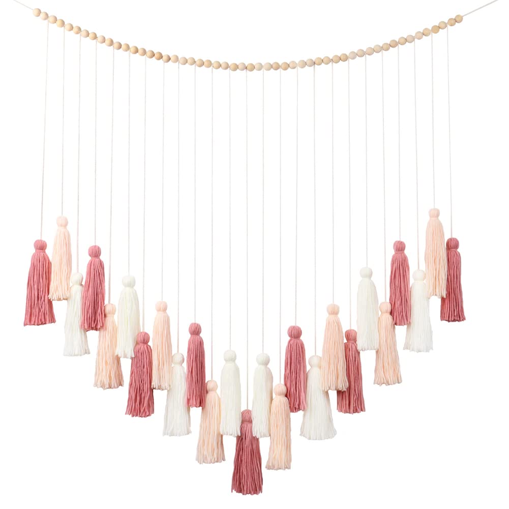 DrCor Blush Pink Tassel Wall Hanging Macrame Boho Rose Gold Preppy Large Wall Garland for Spring Classroom Birthday Party Weddin