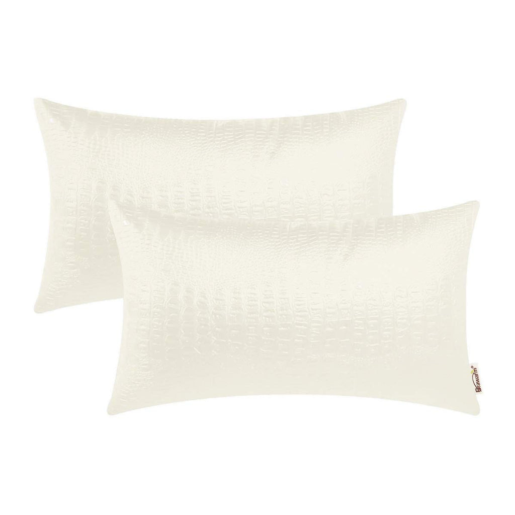 BRAWARM Faux Leather Pillow Covers 12 X 20 Inches, Ivory White Leather Pillow Covers Pack of 2, Crocodile Leather Decorative Lum