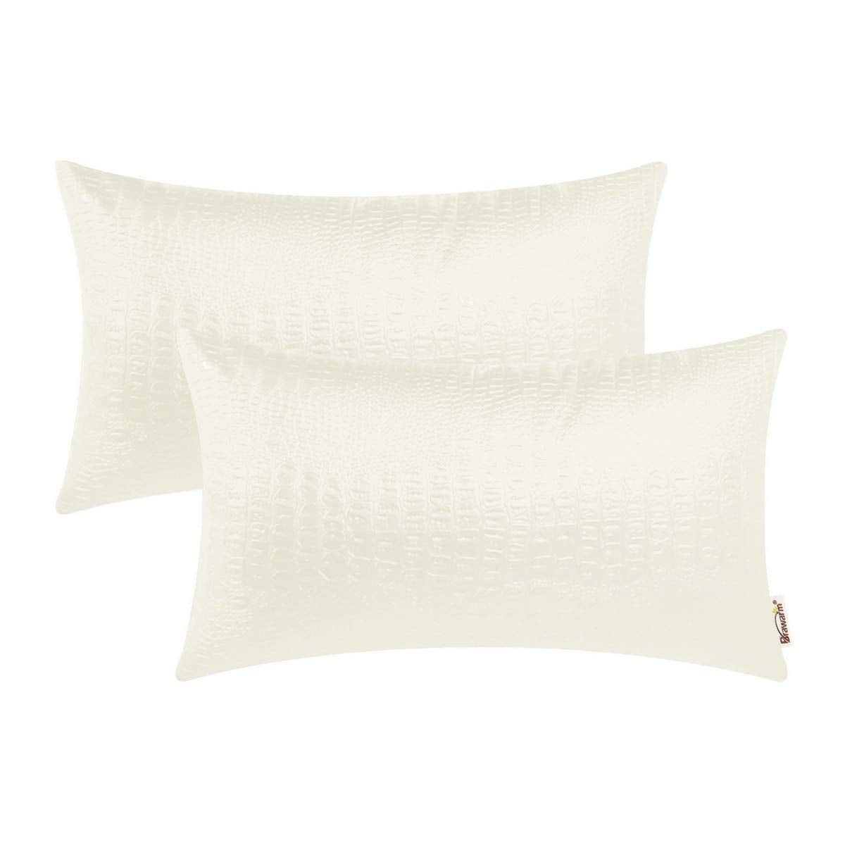 BRAWARM Faux Leather Pillow Covers 12 X 20 Inches, Ivory White Leather Pillow Covers Pack of 2, Crocodile Leather Decorative Lum