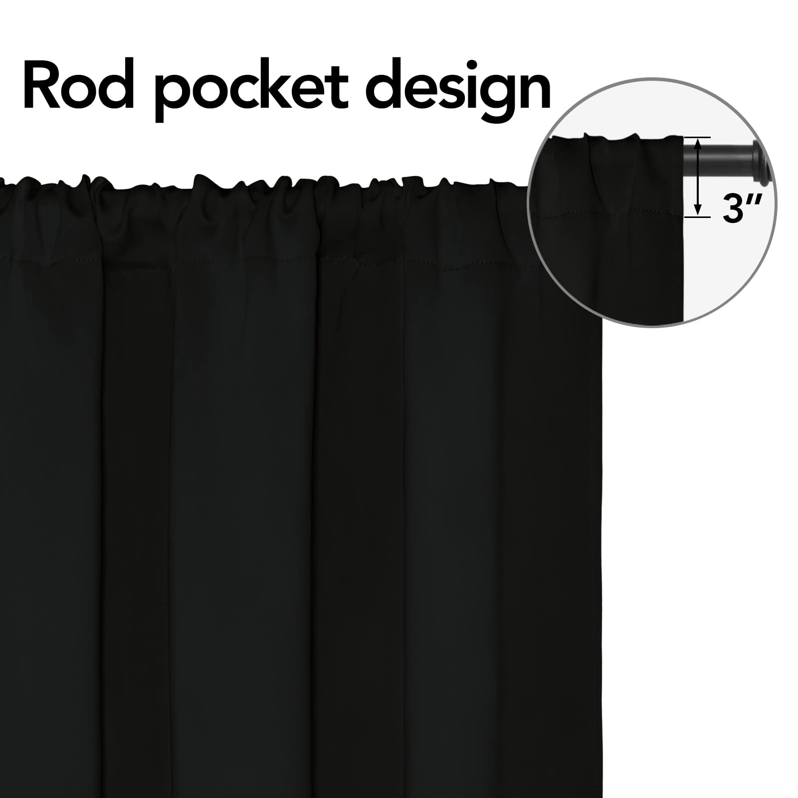 Easy-Going Rod Pocket Blackout Curtains For Bedroom, Room Darkening Window Curtains For Living Room, Thermal Insulated Noise Reduction Solid Window Drapes, 2 Panels(52X56 In, Black)