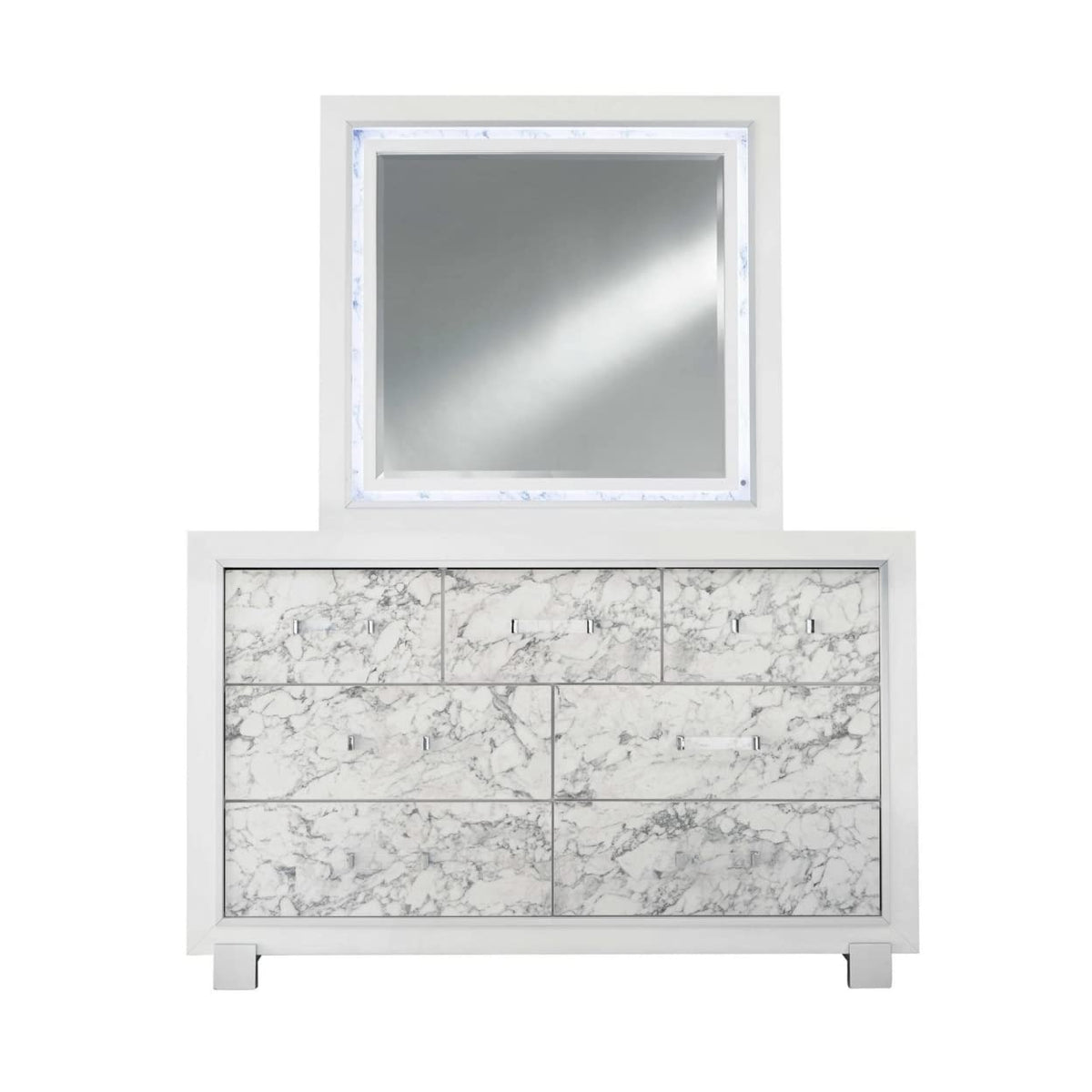 HomeRoots Rubberwood Modern White Dresser with 7 Faux Marble Detailed Front Drawer.