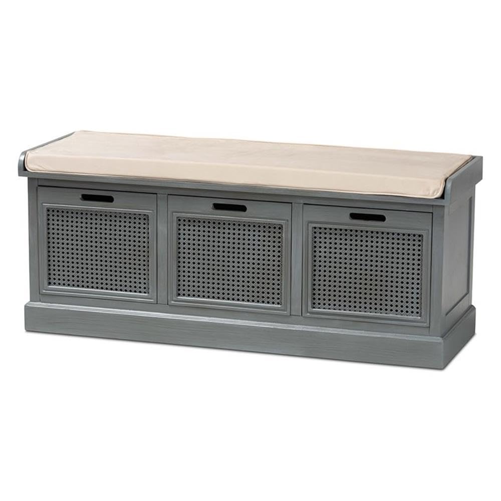 Baxton Studio Sheldon Beige Fabric and Gray Finished Wood Rattan 3-Drawer Bench