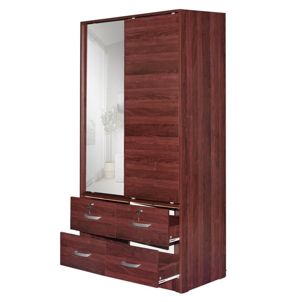 Better Home Products Sarah Double Sliding Door Armoire with Mirror in Mahogany