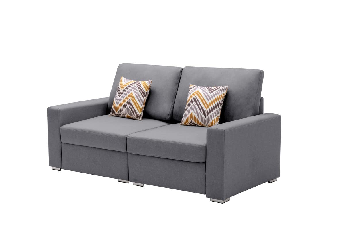 Lilola Home Nolan Gray Linen Fabric Loveseat with Pillows and Interchangeable Legs