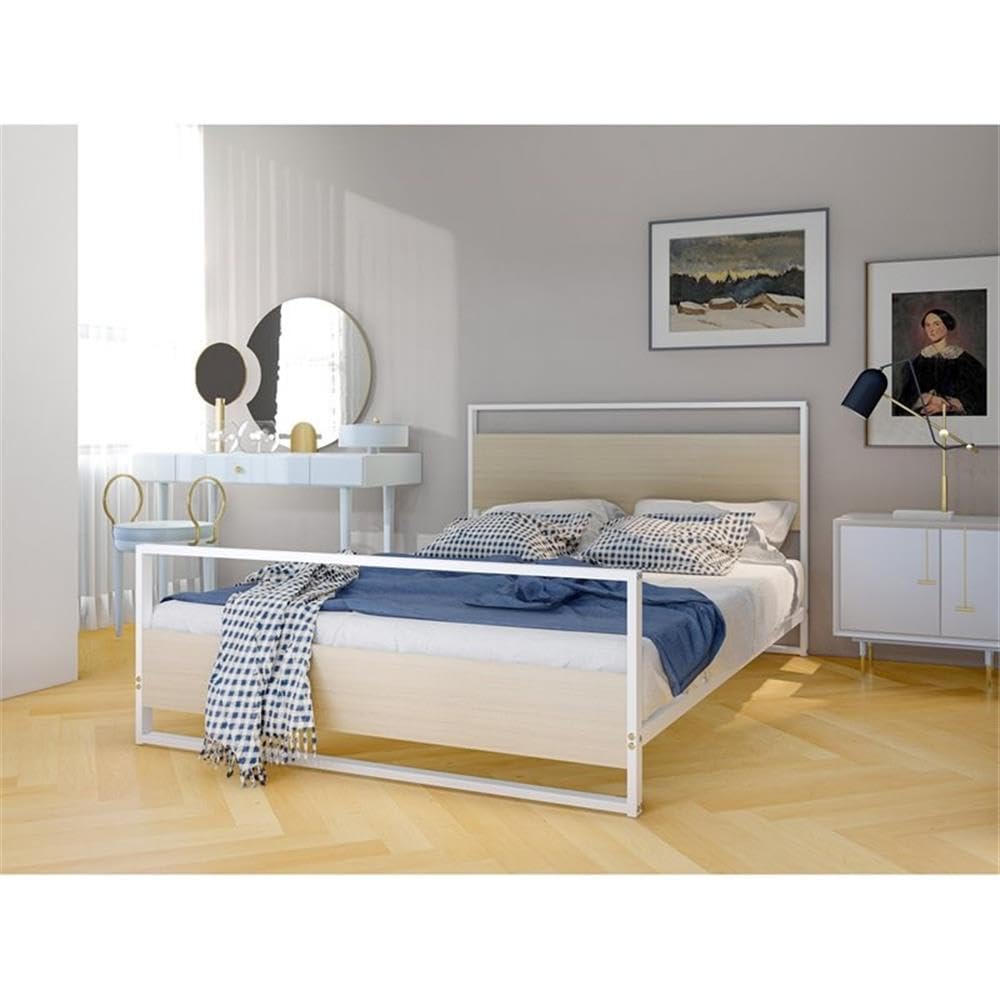 East West Furniture ERFBW02 Erie Platform Bed Frame with 4 Metal Legs - High-Class Bed in Powder Coating White Color and White Wood Laminate