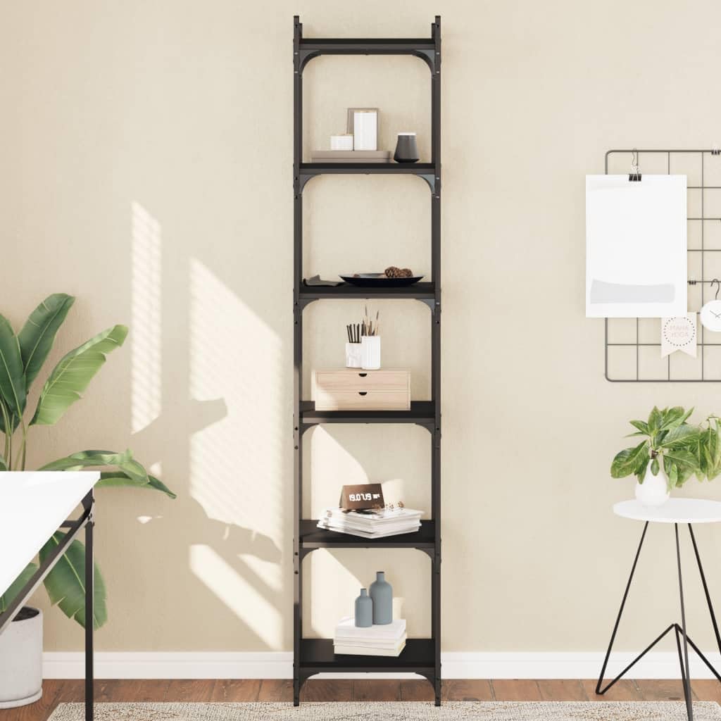 vidaXL 6-Tier Bookcase - Black Metal Frame and Engineering Wood Free-Standing Unit