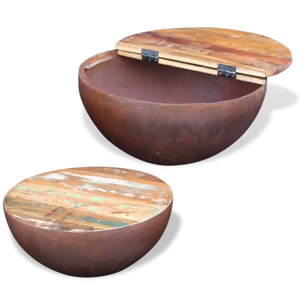 vidaXL Two-Piece Square Coffee Table Set - Bowl Shaped with Solid Reclaimed Wood Top and Stable Steel Frame, Multicolor Brown