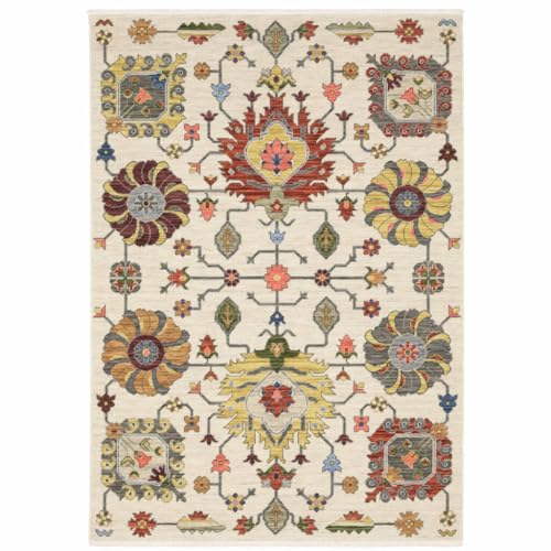 HomeRoots 509344 10 x 13 ft. Ivory Yellow Rust Green Gray Pink Orange Blue & Gray Oriental Power Loom Stain Resistant Rectangle Area Rug with Fringe