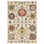 HomeRoots 509344 10 x 13 ft. Ivory Yellow Rust Green Gray Pink Orange Blue & Gray Oriental Power Loom Stain Resistant Rectangle Area Rug with Fringe