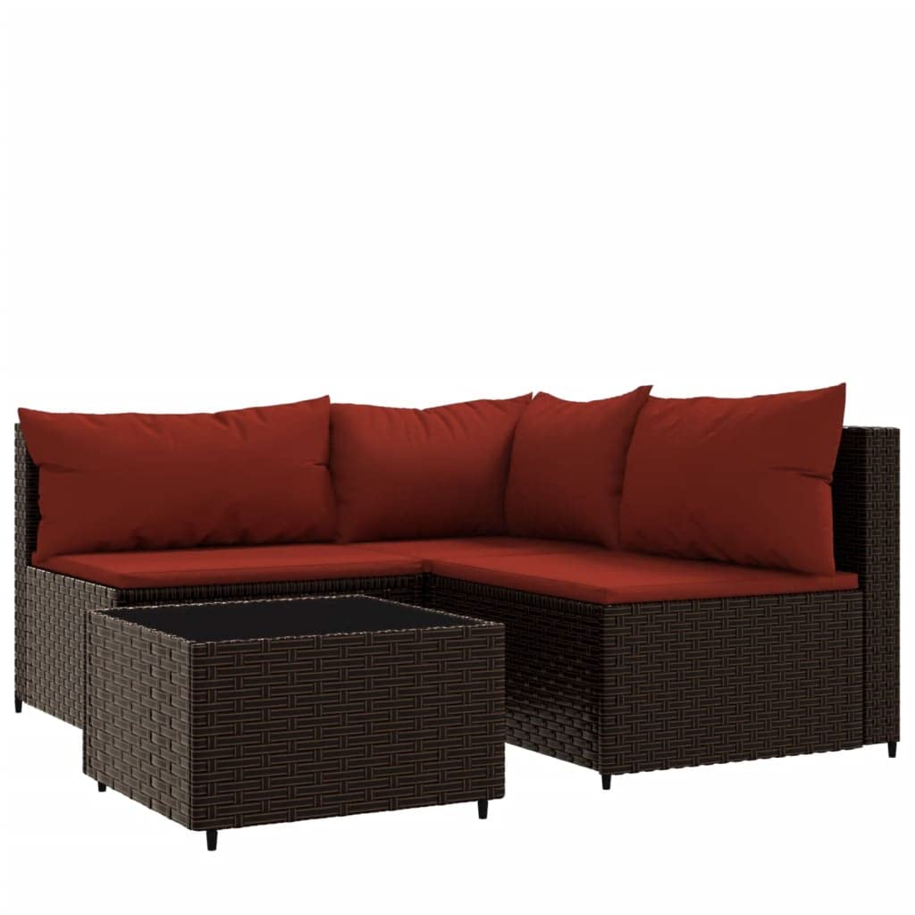 vidaXL Outdoor Patio Lounge Set, Brown PE Rattan Sofa Set with Cinnamon Red Cushions - 4 Piece, Includes Comfortable Padded Seating and Glass Tabletop