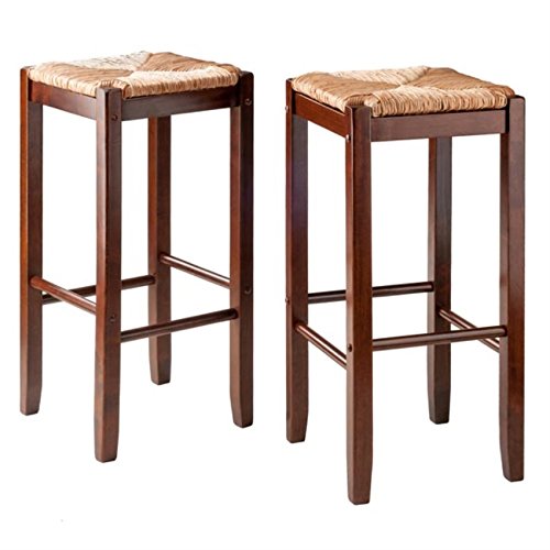 Kaden 2-Piece Bar Stool Set | Natural Sea Grass Rush Seat | Solid Wood Frame | 29" Height | Walnut Finish | Supports up to 220 lbs | Easy Assembly