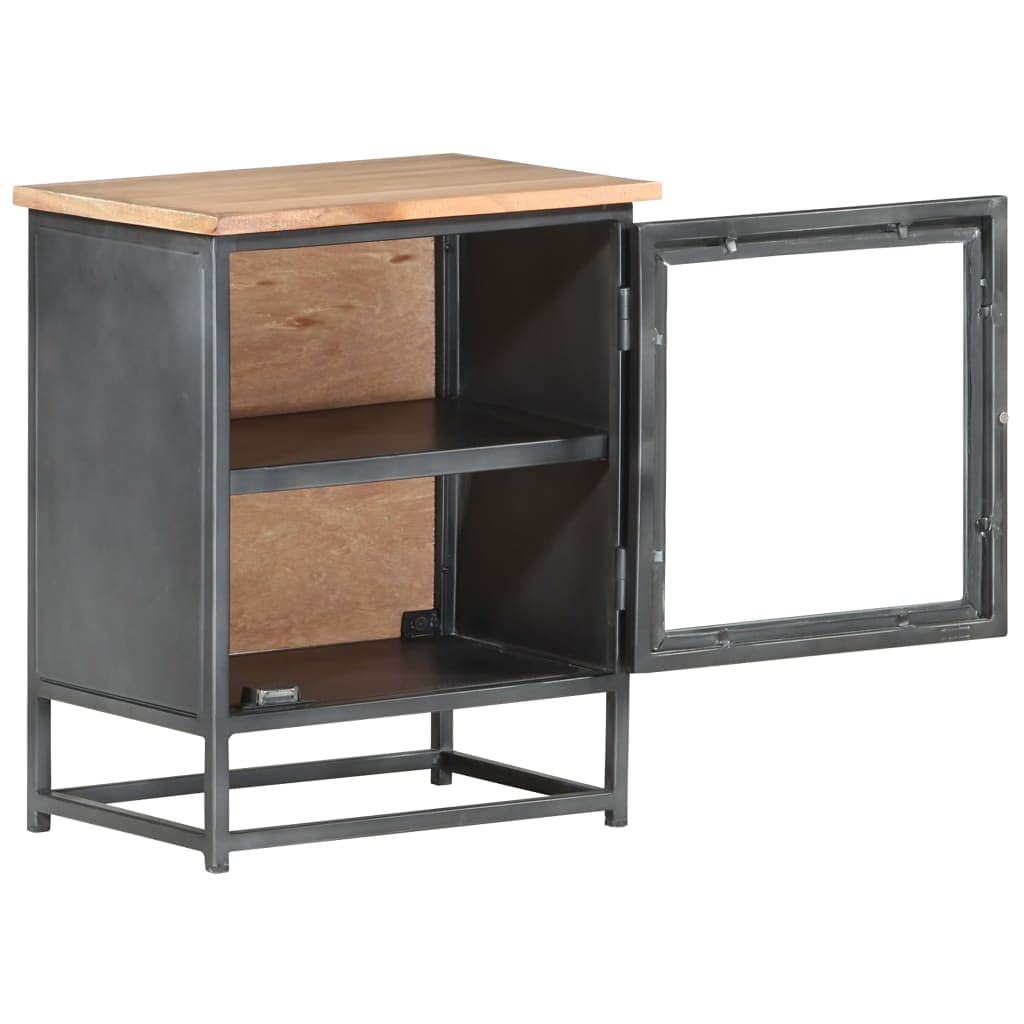 vidaXL Solid Acacia Wood Bedside Cabinet - Industrial-Style Gray Nightstand with Glass Door, Versatile Storage, No Assembly Needed