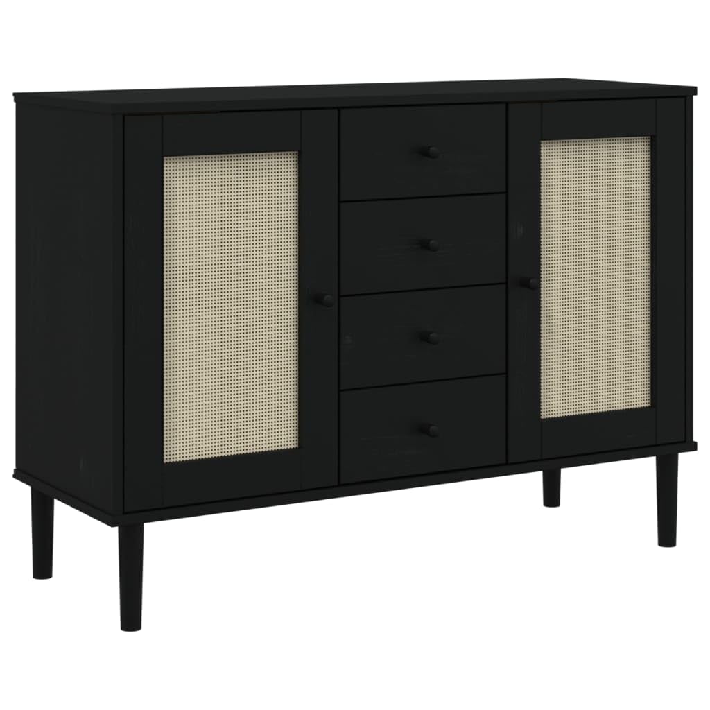 vidaXL Sideboard SENJA - Black Solid Pine Wood with Rattan Look Surface and UV Varnish Finish, Comes with 4 Drawers and 4 Compartments