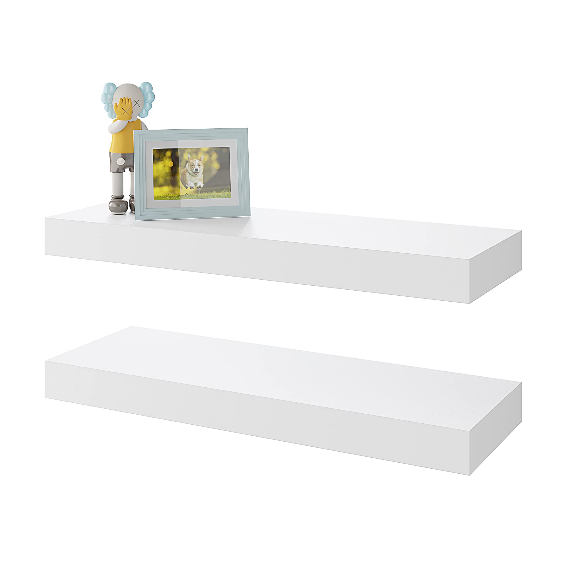 BAMEOS Floating Shelves, White Wall Mounted Wooden Shelves with Invisible Brackets Set of 2, Hanging Wall Shelves Decoration for