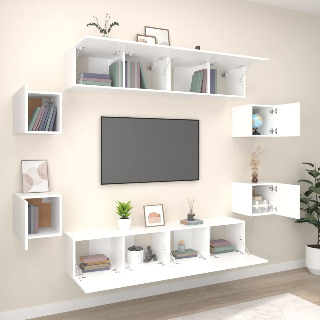 vidaXL TV Stand Set 8 Piece, Wall Mounted Entertainment Center, TV Stand Console with Storage, Modern Style, White Engineered Wood