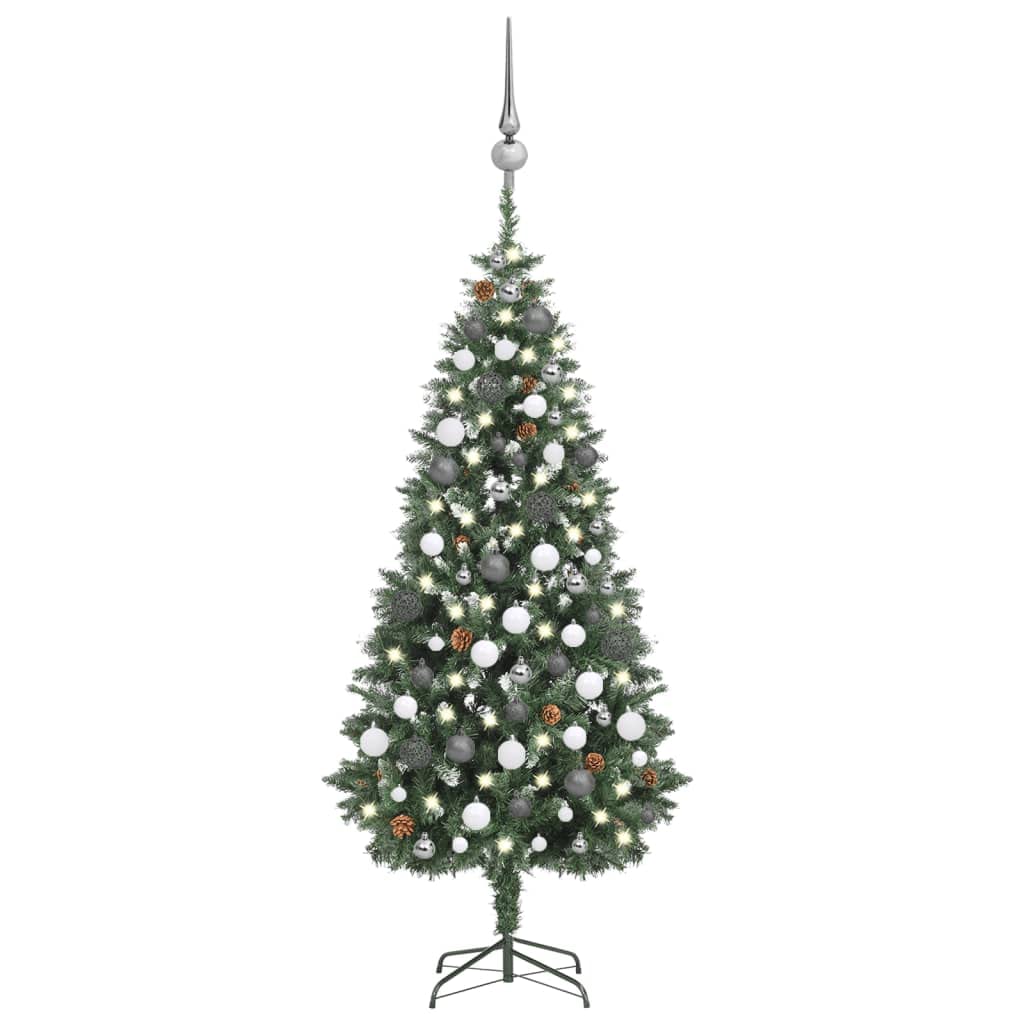 Vidaxl Artificial Pre-Lit Christmas Tree - 70.9&quot; Xmas Pine Tree With Led Lights, Pine Cones, Balls - Green/White