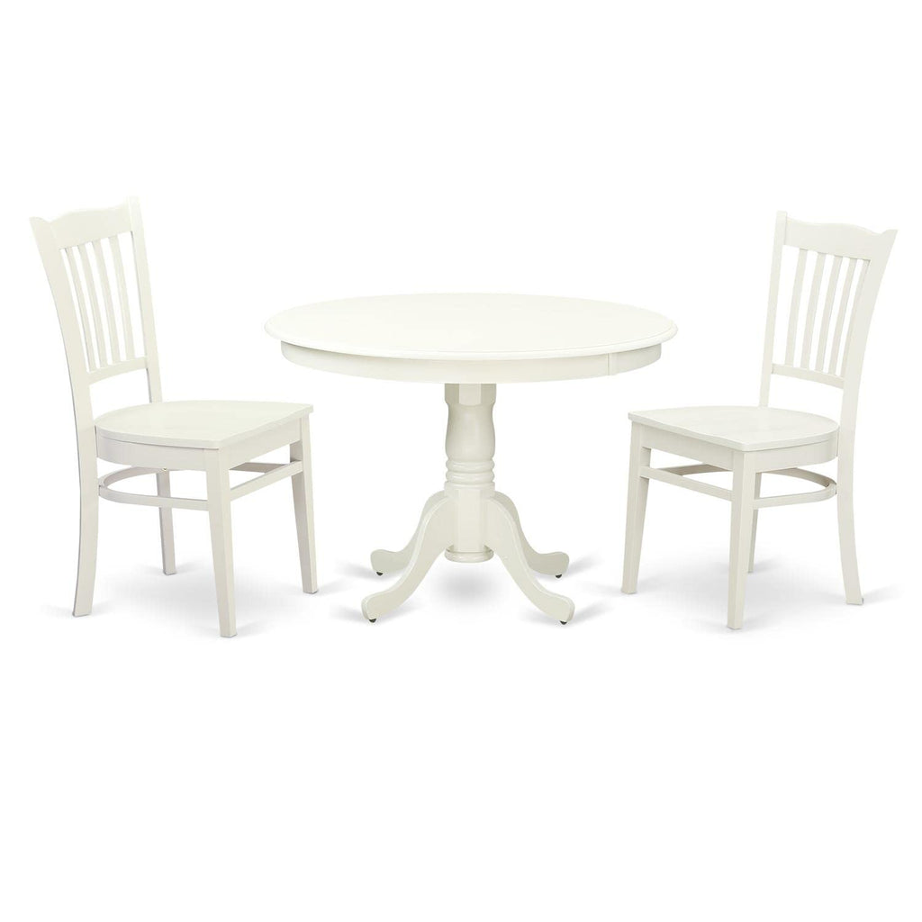 East West Furniture HLGR3-LWH-W 3 Piece Kitchen Table Set for Small Spaces Contains a Round Dining Room Table with Pedestal and 2 Dining Chairs, 42x42 Inch, Linen White