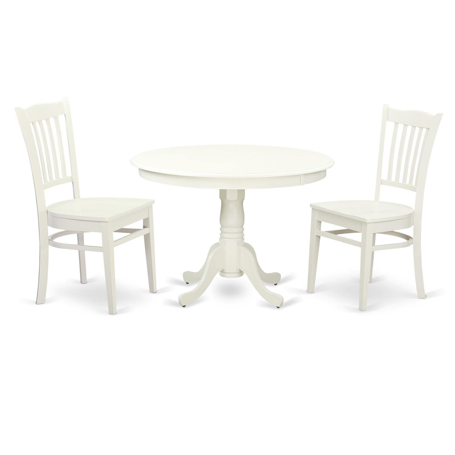 East West Furniture HLGR3-LWH-W 3 Piece Kitchen Table Set for Small Spaces Contains a Round Dining Room Table with Pedestal and 2 Dining Chairs, 42x42 Inch, Linen White